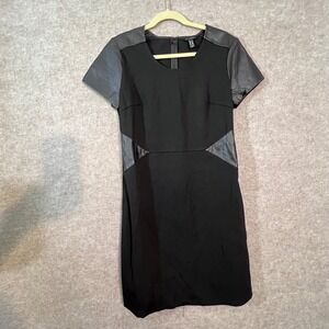 H by Halston Dress Womens 10 Black Leather Trim Ponte Knit Short Sleeve Edgy
